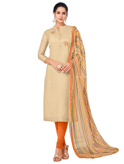 beige cotton blend churidaar suits unstitched suit - 17423095 - Standard Image - 1