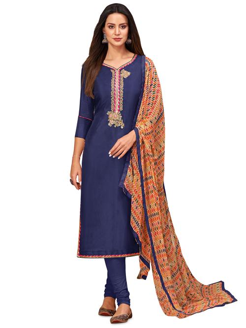 blue cotton blend churidaar suits unstitched suit - 17423102 - Standard Image - 1