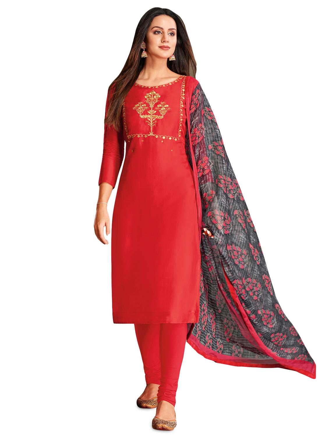 red cotton blend churidaar suits unstitched suit - 17423105 - Zoom Image - 1