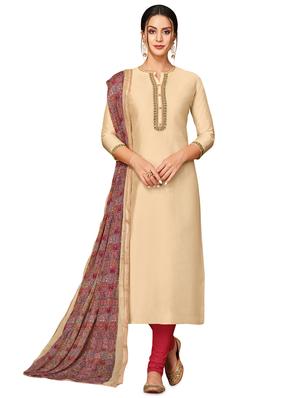 beige cotton blend churidaar suits unstitched suit - 17423110 - Standard Image - 3