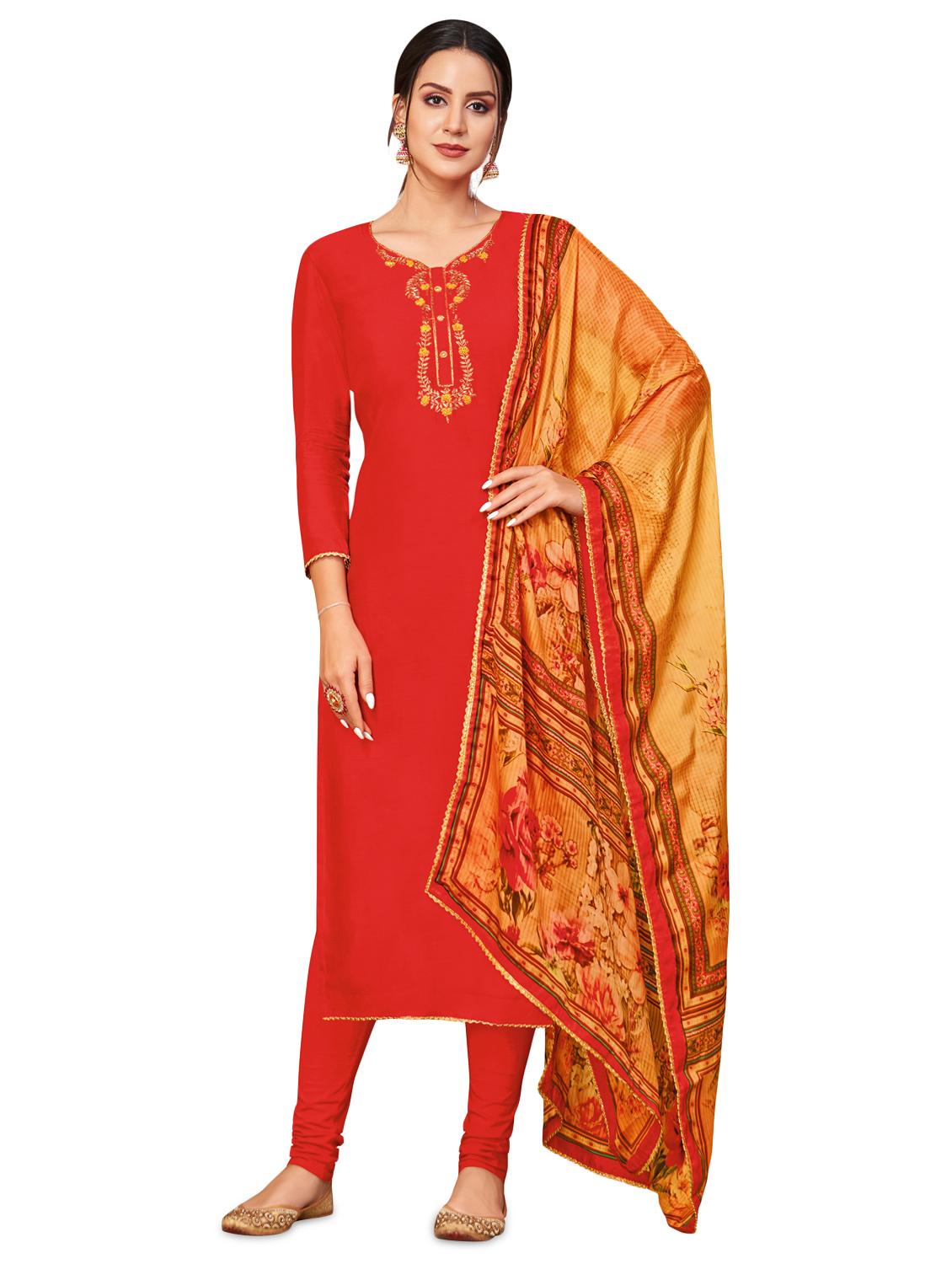 red cotton blend churidaar suits unstitched suit - 17423111 - Zoom Image - 1