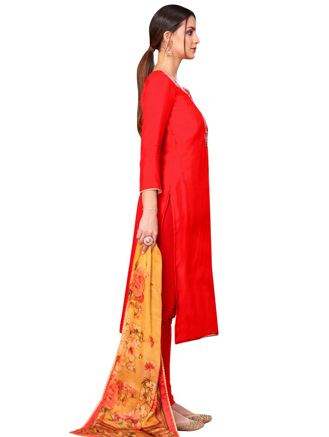 red cotton blend churidaar suits unstitched suit - 17423111 - Zoom Image - 2