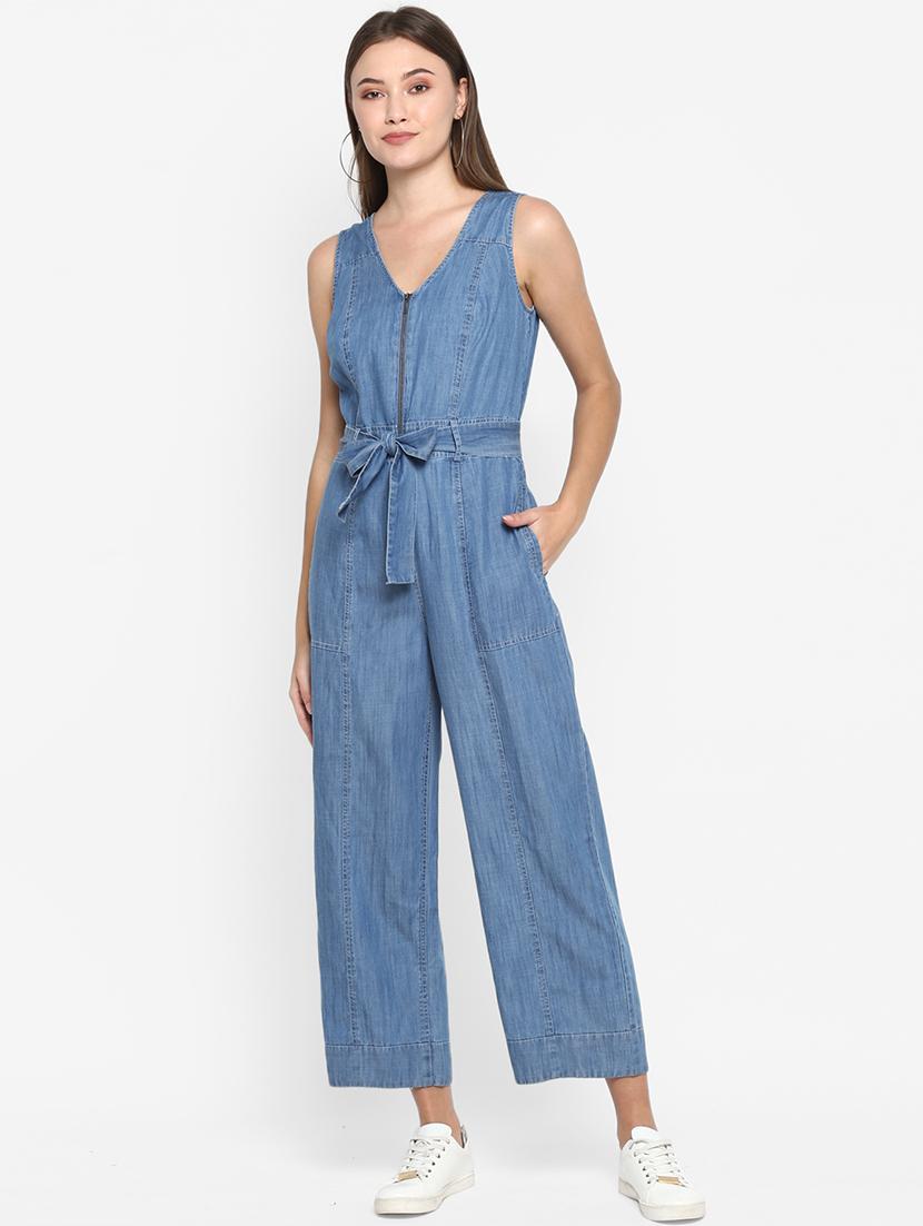 tie front denim full leg jumpsuit - 17423198 - Zoom Image - 1