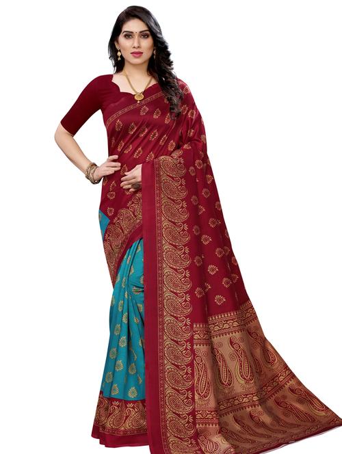 maroon silk printed saree with blouse - 17424084 - Very Small Image - 1
