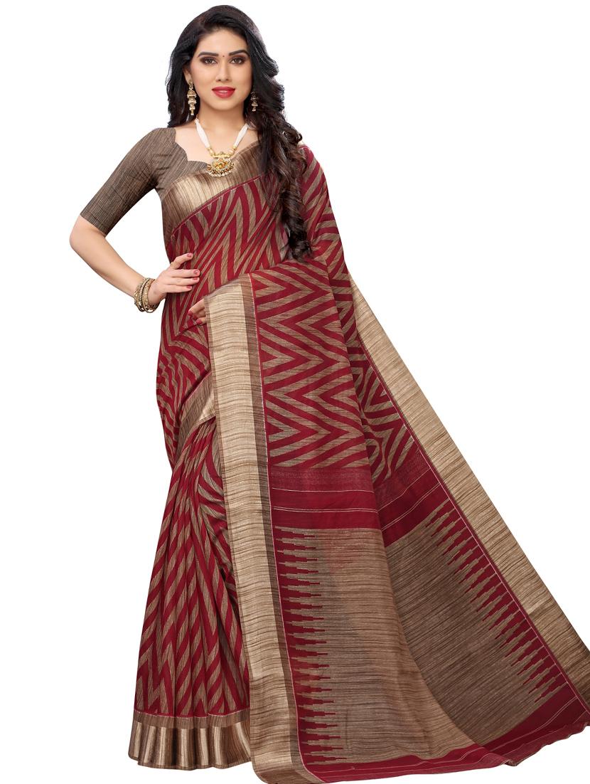 maroon printed saree with blouse - 17424096 - Zoom Image - 1
