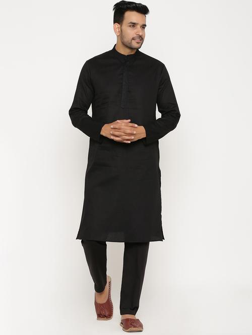 black cotton kurta pyjama ethnic wear set - 17424300 - Standard Image - 1