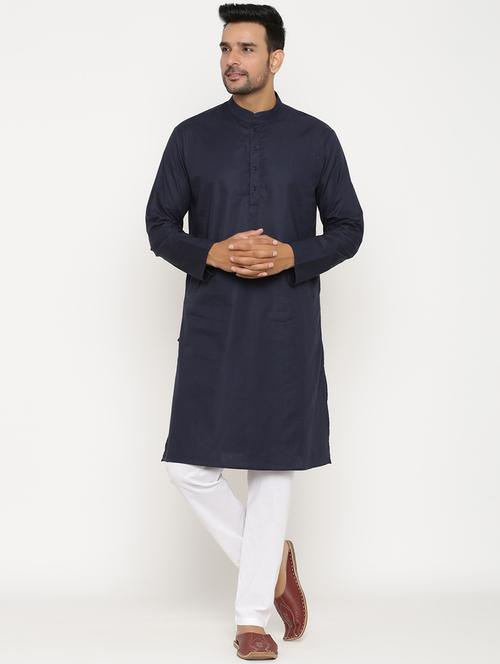 navy blue cotton kurta pyjama ethnic wear set - 17424319 - Standard Image - 1