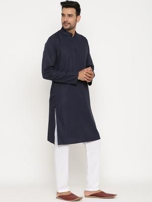 navy blue cotton kurta pyjama ethnic wear set - 17424319 - Standard Image - 2