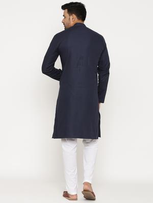navy blue cotton kurta pyjama ethnic wear set - 17424319 - Standard Image - 3