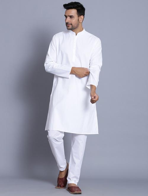 white cotton kurta pyjama ethnic wear set - 17424331 - Standard Image - 1