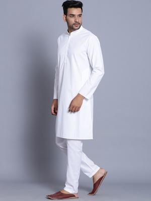white cotton kurta pyjama ethnic wear set - 17424331 - Standard Image - 2
