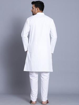 white cotton kurta pyjama ethnic wear set - 17424331 - Standard Image - 3