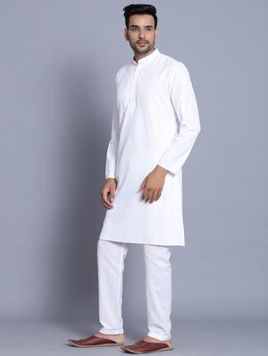 white cotton kurta pyjama ethnic wear set - 17424336 - Standard Image - 2