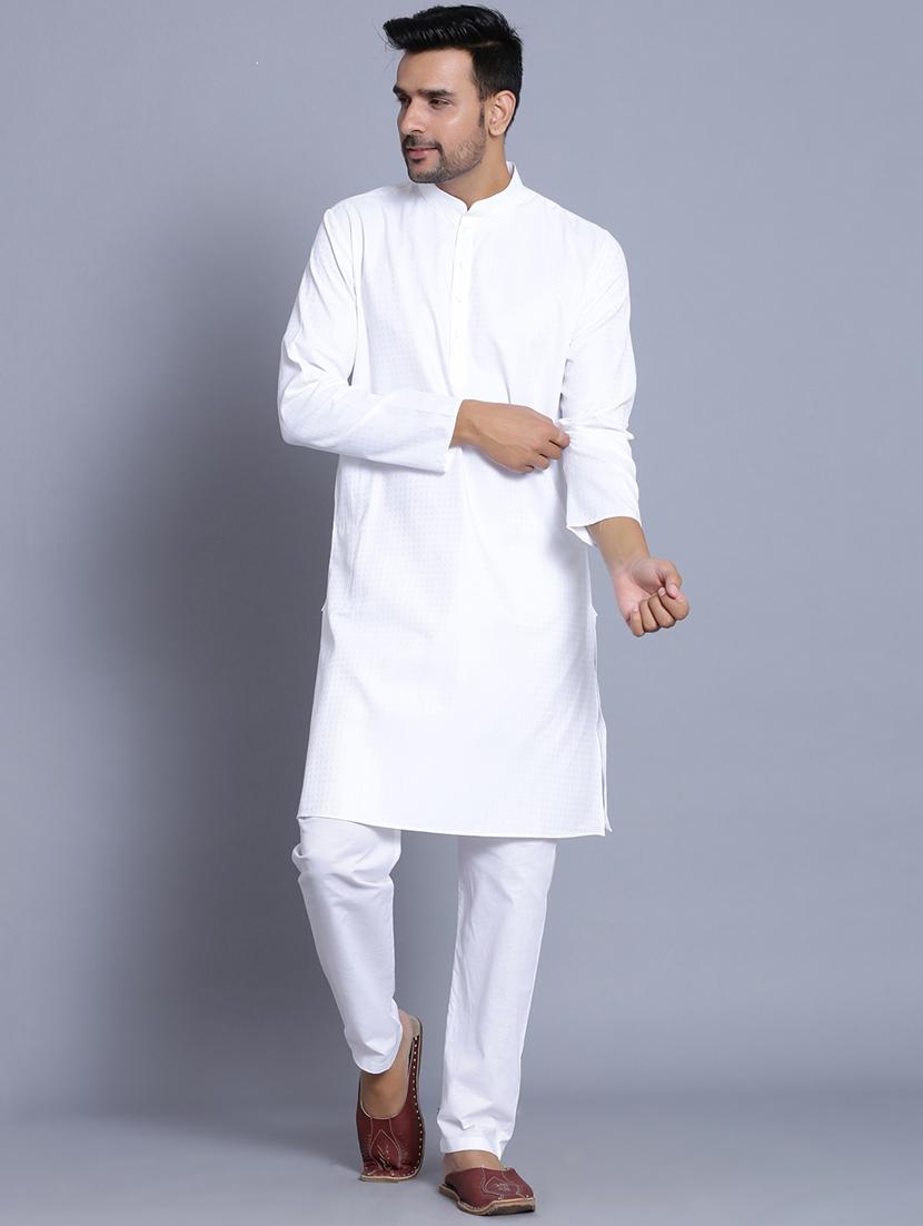 white cotton kurta pyjama ethnic wear set - 17424336 - Zoom Image - 1