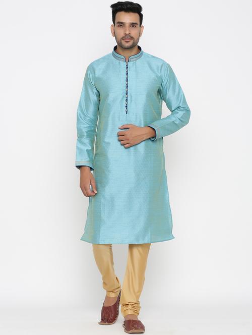 dark sky blue dupion kurta pyjama ethnic wear set - 17424341 - Standard Image - 1