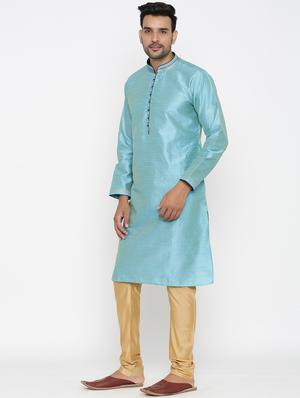 dark sky blue dupion kurta pyjama ethnic wear set - 17424341 - Standard Image - 2