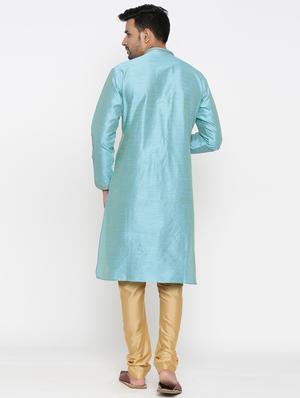dark sky blue dupion kurta pyjama ethnic wear set - 17424341 - Standard Image - 3