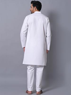 white cotton kurta pyjama ethnic wear set - 17424350 - Standard Image - 3