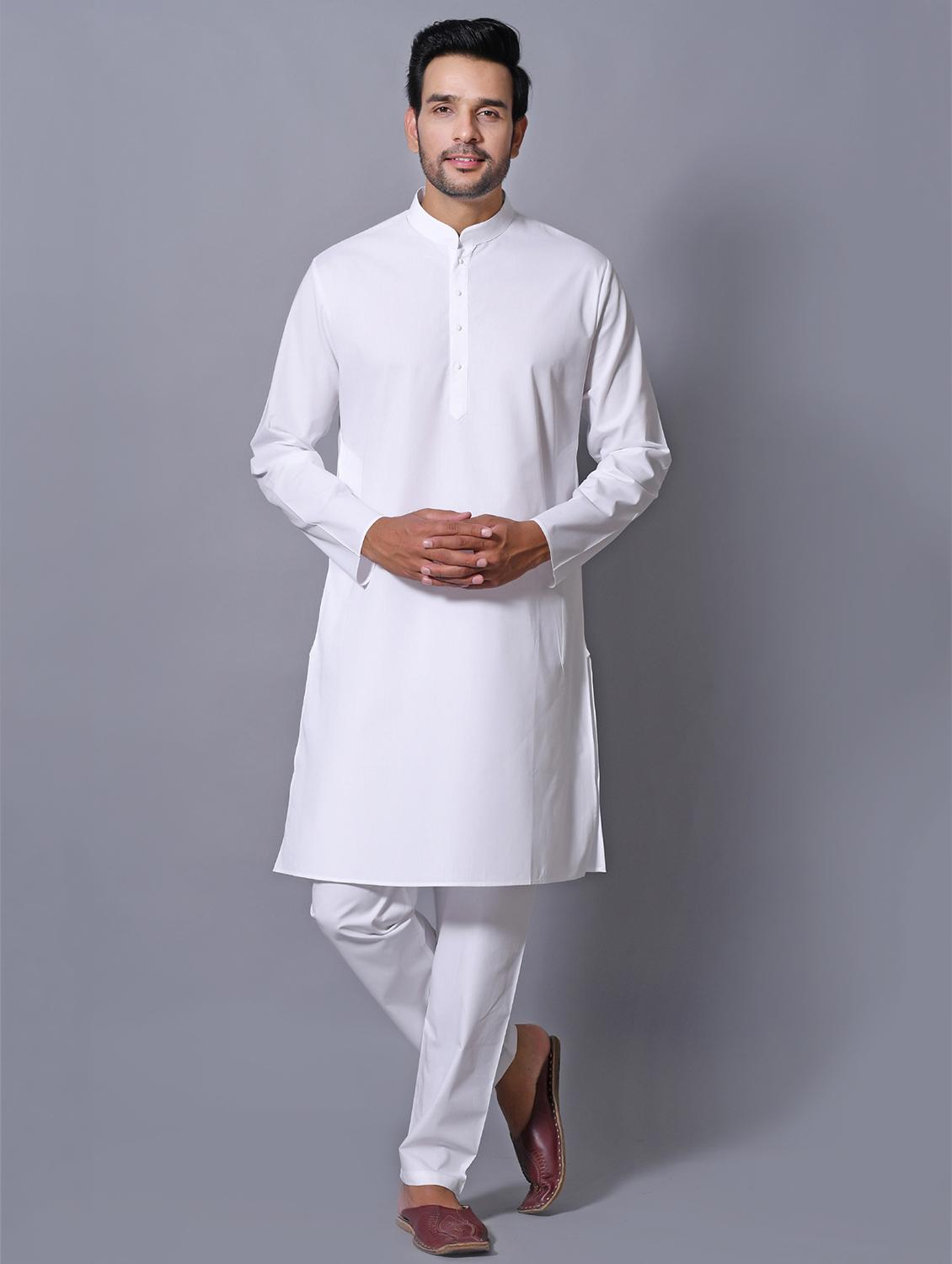 white cotton kurta pyjama ethnic wear set - 17424350 - Zoom Image - 1