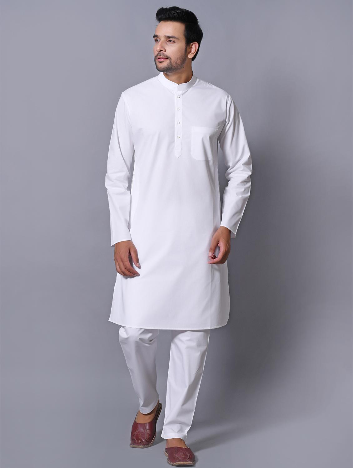 white cotton kurta pyjama ethnic wear set - 17424355 - Zoom Image - 1