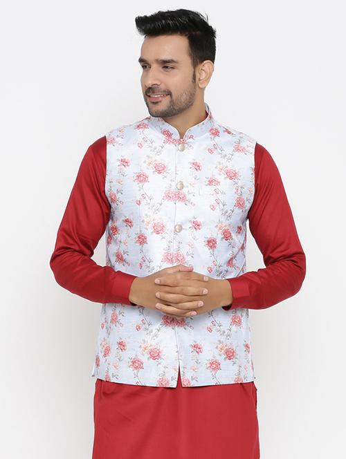 light blue floral print silk blend nehru jacket - 17424369 - Standard Image - 1