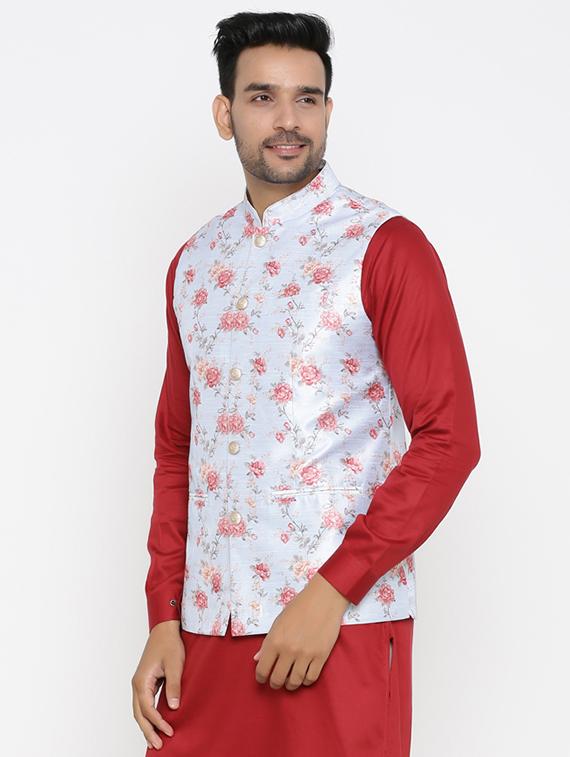 light blue floral print silk blend nehru jacket - 17424369 - Zoom Image - 2