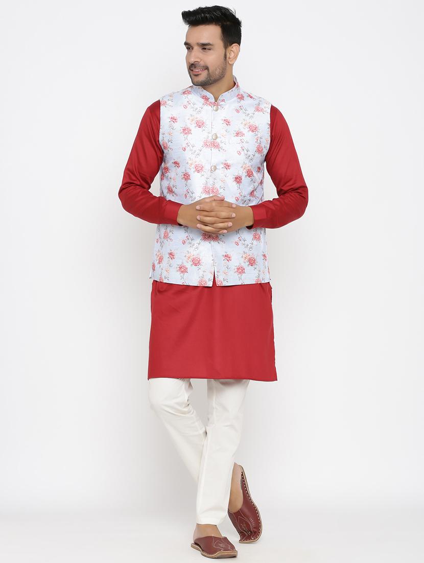 light blue floral print silk blend nehru jacket - 17424369 - Zoom Image - 4