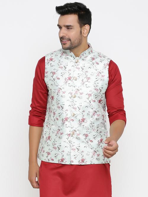 light blue floral silk blend nehru jacket - 17424371 - Standard Image - 1