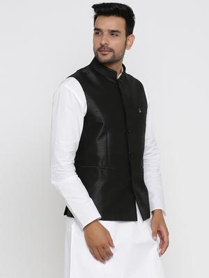 black solid silk blend nehru jacket - 17424377 - Standard Image - 2