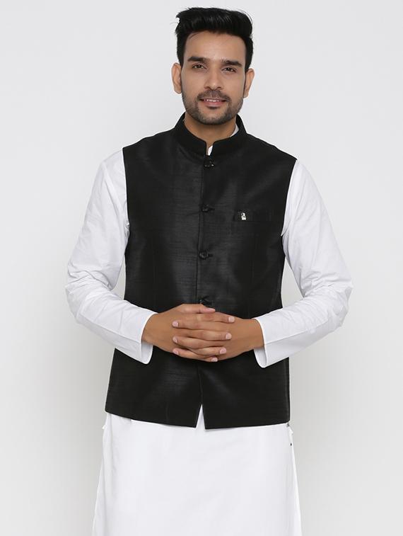 black solid silk blend nehru jacket - 17424377 - Zoom Image - 1