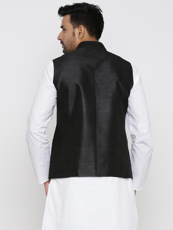 black solid silk blend nehru jacket - 17424377 - Zoom Image - 3