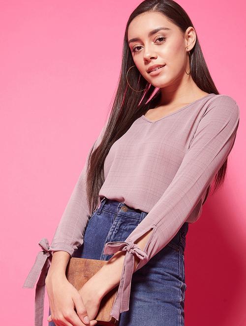 tie up sleeves checkered top - 17424528 - Standard Image - 1