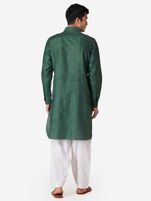 bottle green solid woven pathani kurta - 17424625 - Standard Image - 3