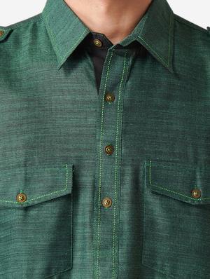 bottle green solid woven pathani kurta - 17424625 - Standard Image - 4