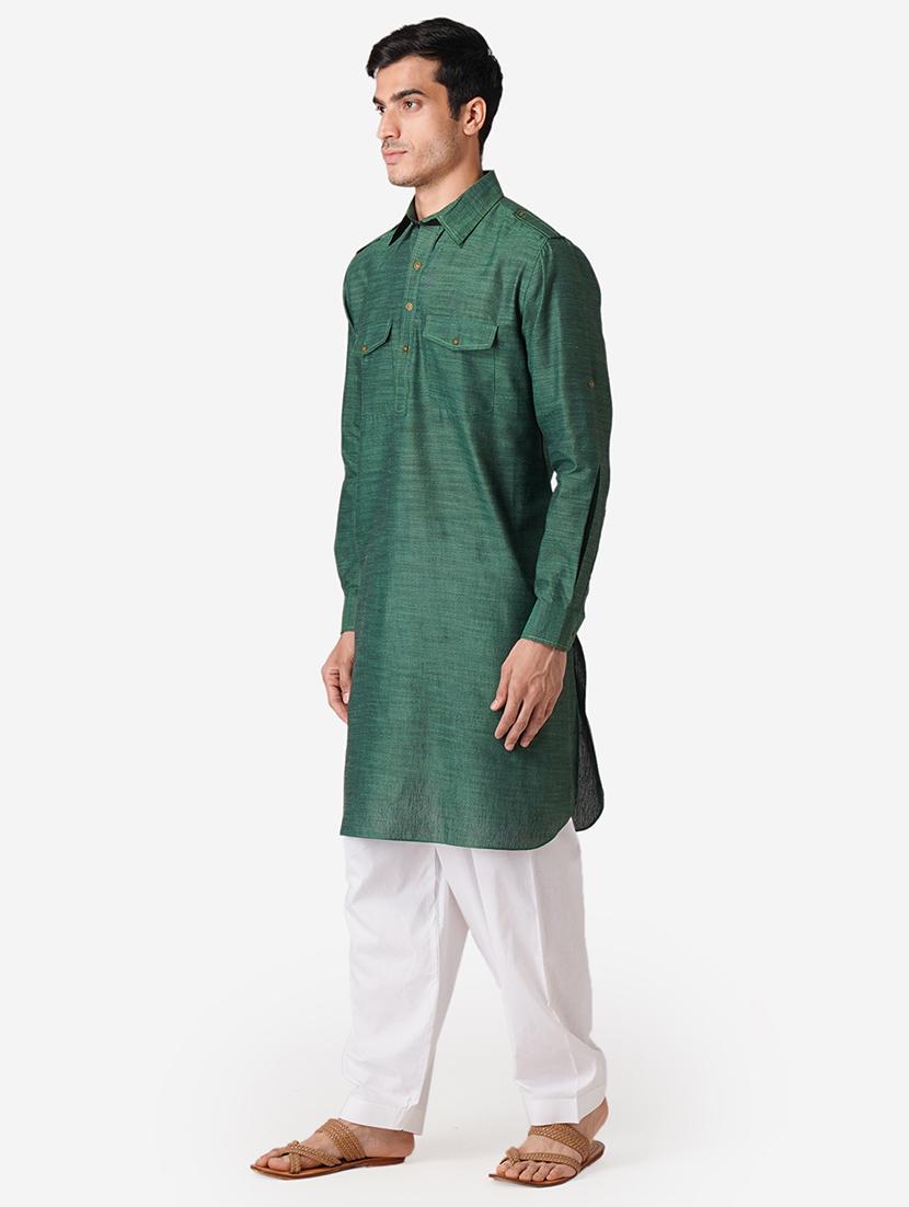 bottle green solid woven pathani kurta - 17424625 - Zoom Image - 2