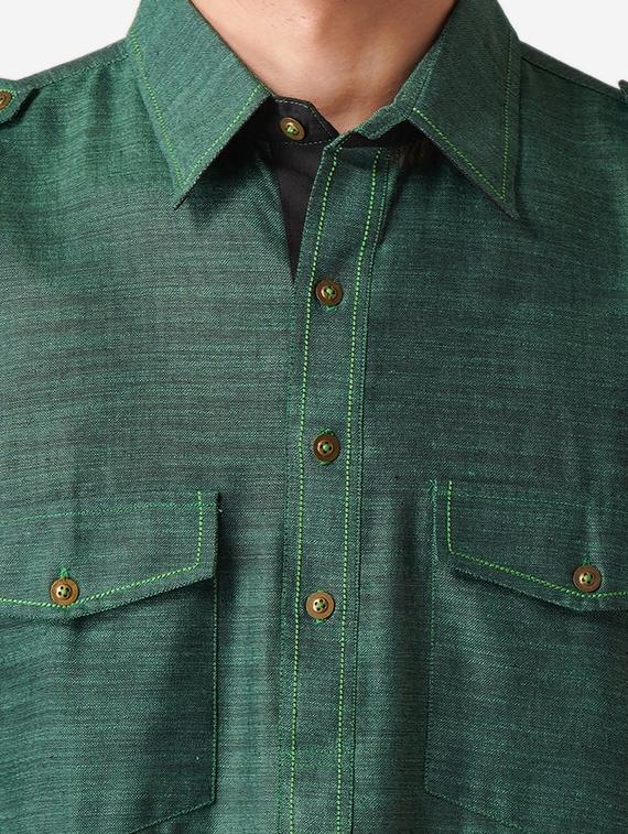 bottle green solid woven pathani kurta - 17424625 - Zoom Image - 4