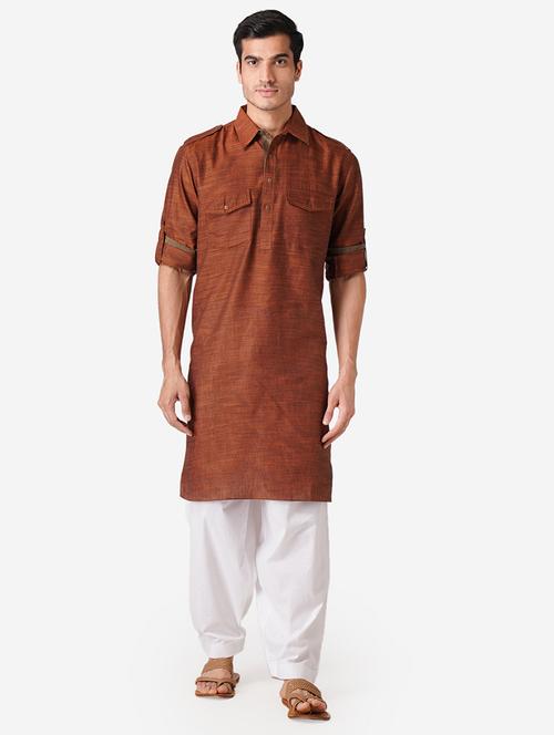 brown solid woven pathani kurta - 17424626 - Standard Image - 1