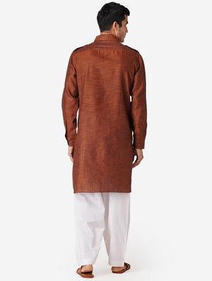 brown solid woven pathani kurta - 17424626 - Standard Image - 3
