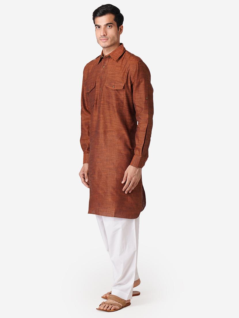 brown solid woven pathani kurta - 17424626 - Zoom Image - 2