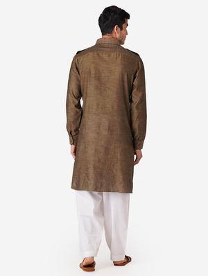 khaki solid woven pathani kurta - 17424627 - Standard Image - 3
