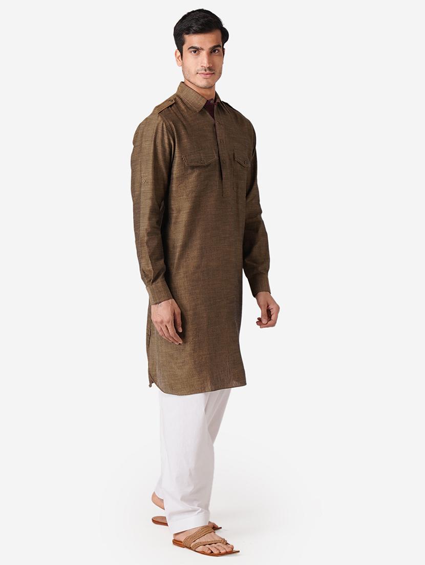 khaki solid woven pathani kurta - 17424627 - Zoom Image - 2