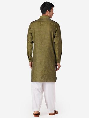 olive green solid woven pathani kurta - 17424629 - Standard Image - 3