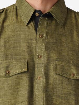 olive green solid woven pathani kurta - 17424629 - Standard Image - 4