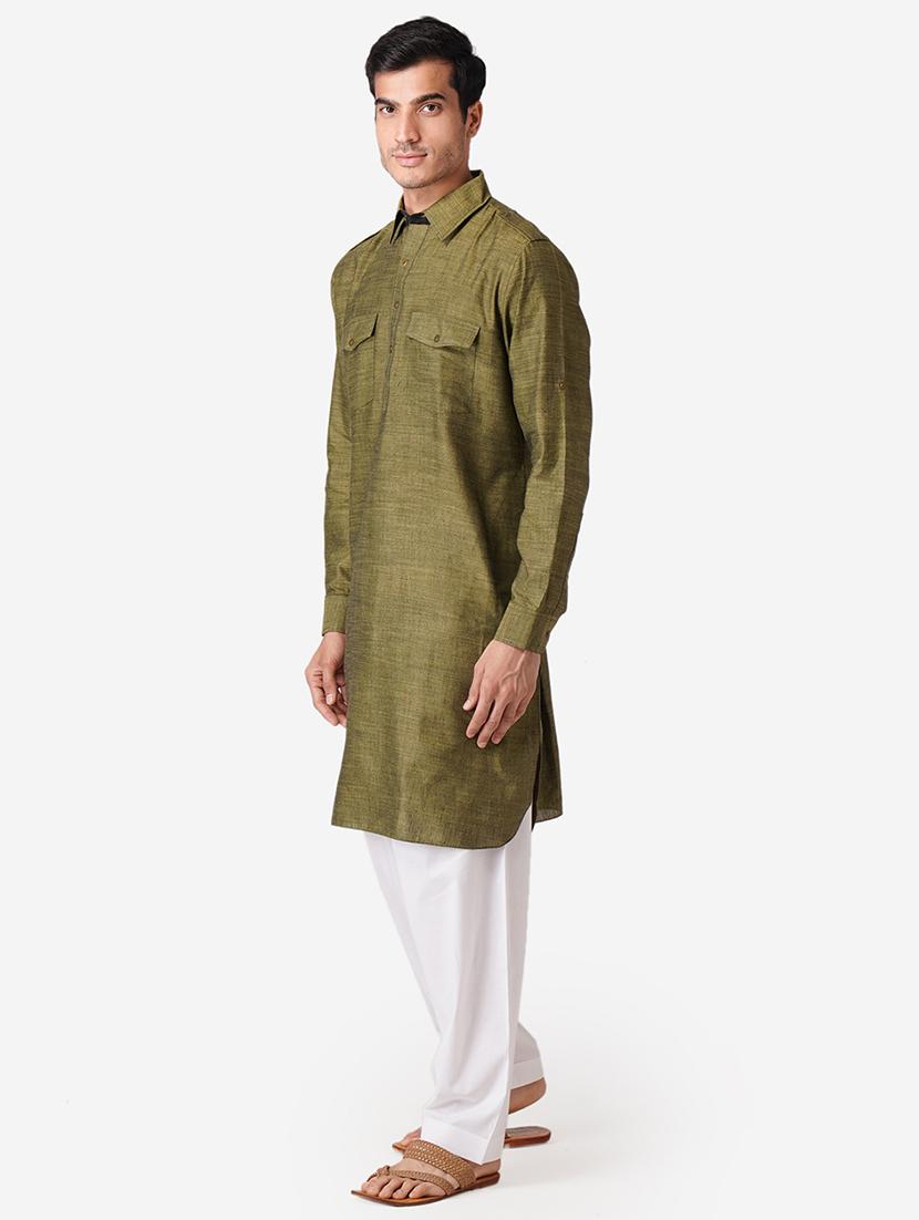 olive green solid woven pathani kurta - 17424629 - Zoom Image - 2
