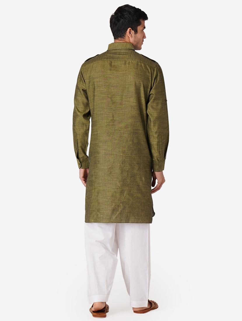 olive green solid woven pathani kurta - 17424629 - Zoom Image - 3