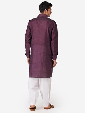 purple solid woven pathani kurta - 17424630 - Standard Image - 3
