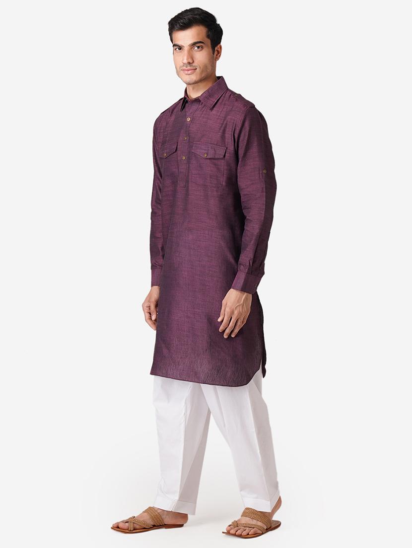 purple solid woven pathani kurta - 17424630 - Zoom Image - 2