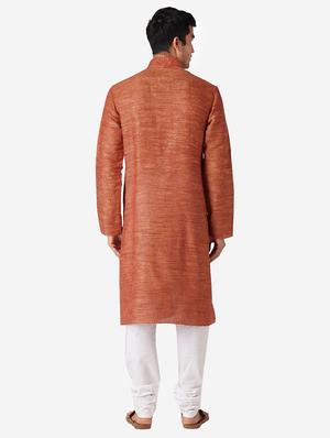 rust solid long kurta with embroidered neckline - 17424650 - Standard Image - 3