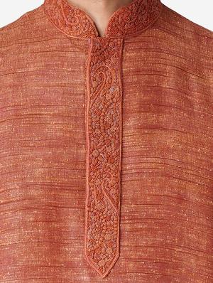 rust solid long kurta with embroidered neckline - 17424650 - Standard Image - 4