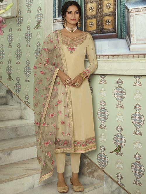 beige art silk aline suits semistitched suit - 17424913 - Standard Image - 1